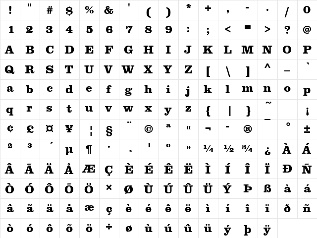 ClarendonTExtBol Regular  glyph index