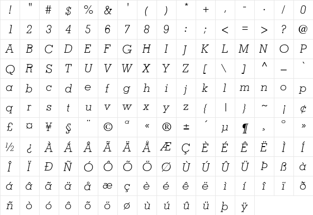 Memphis-LightItalic Regular  glyph index
