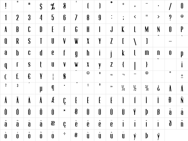 Pacific Sans Bold  glyph index