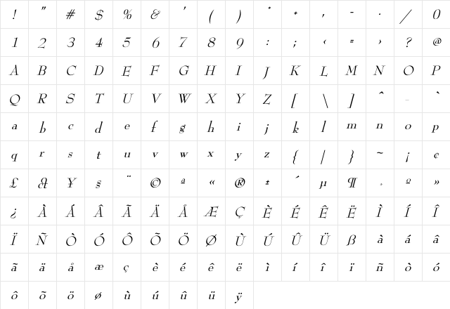 ReedFont italic Italic  glyph index