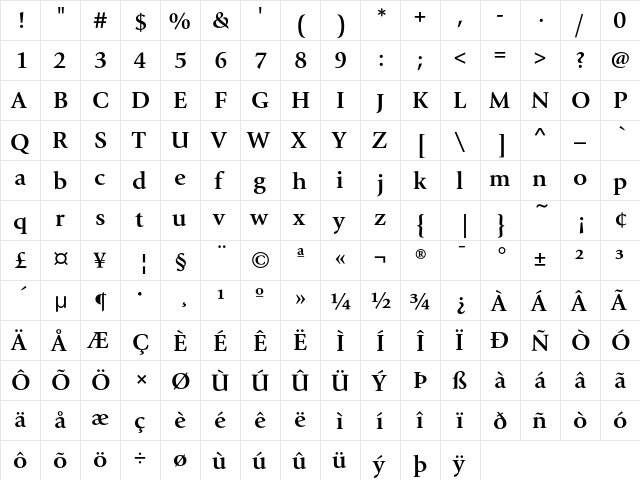 GiovanniEF Bold  glyph index