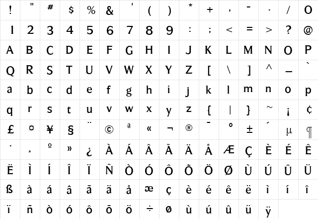 SilveradoMedium Roman  glyph index