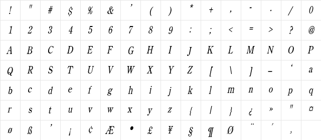CenturyOldStyle-Light Condensed Italic  glyph index