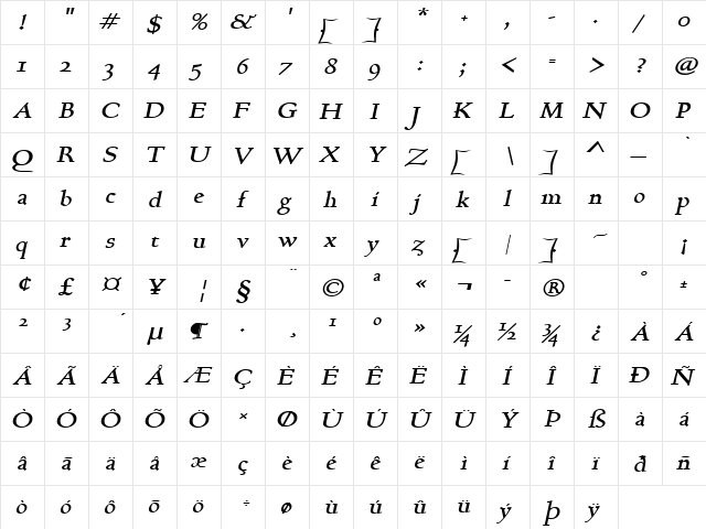 Bravo-Extended Bold Italic  glyph index