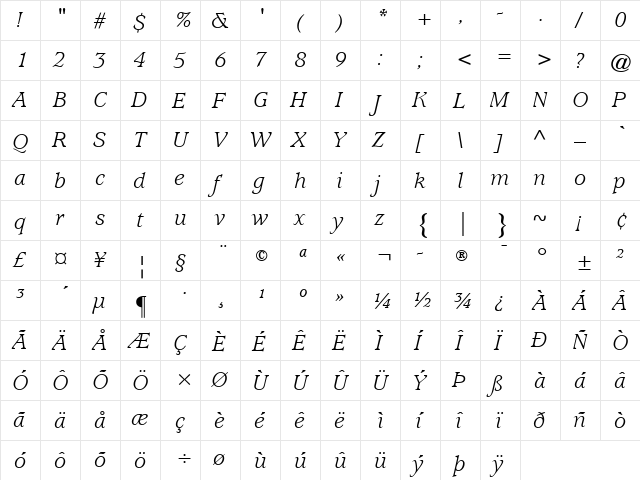 Usherwood LT Book Italic  glyph index