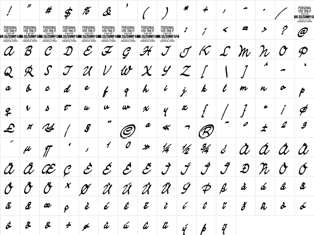 Sunny Sam PERSONAL Bold  glyph index