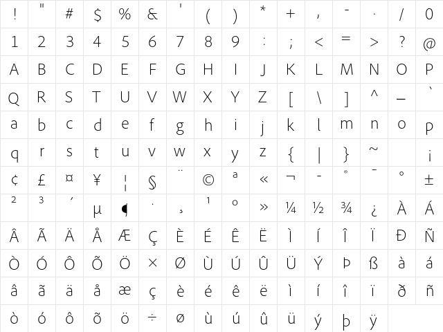Adobe Clean Light Regular  glyph index
