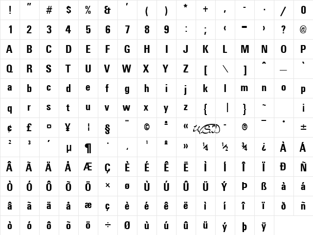 Universal Condensed Bold  glyph index