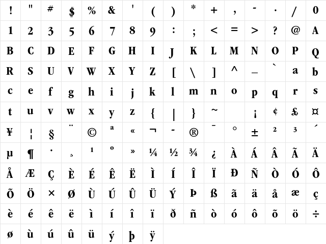 ITC Garamond Std Bold Narrow  glyph index