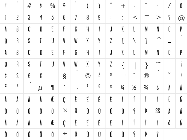 Vanishing Boy BTN Light Regular  glyph index