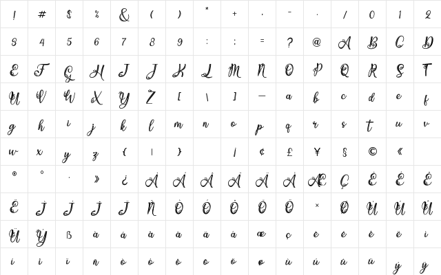 Hekayi Regular  glyph index
