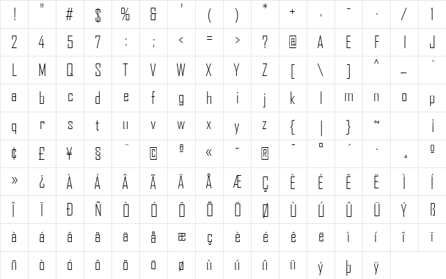 AgencyFB Light Regular  glyph index