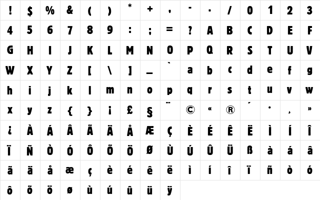 Block Berthold BQ Regular  glyph index