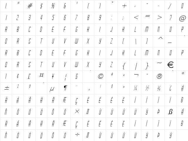 Hustle Italic  glyph index