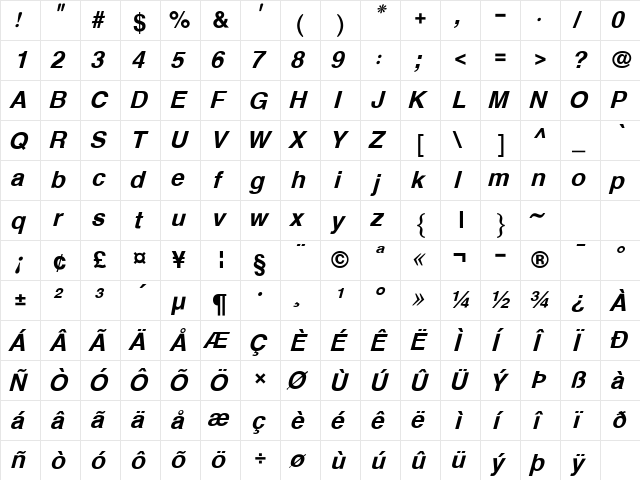 XB Riyaz Bold Italic  glyph index