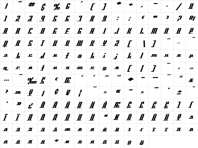 SF Americana Dreams Extended Bold  glyph index