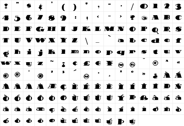 CheerioFatItalic Regular  glyph index