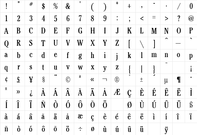Cheltenham Condensed Regular  glyph index