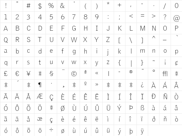 GriffithGothic Regular  glyph index
