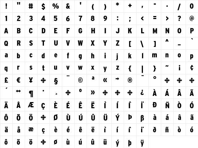 InterstatePlus Black Cond  glyph index