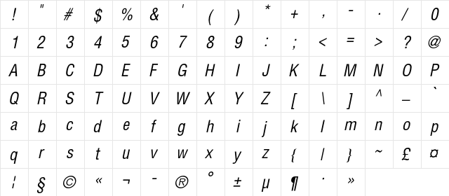 HeliosCondC Italic  glyph index