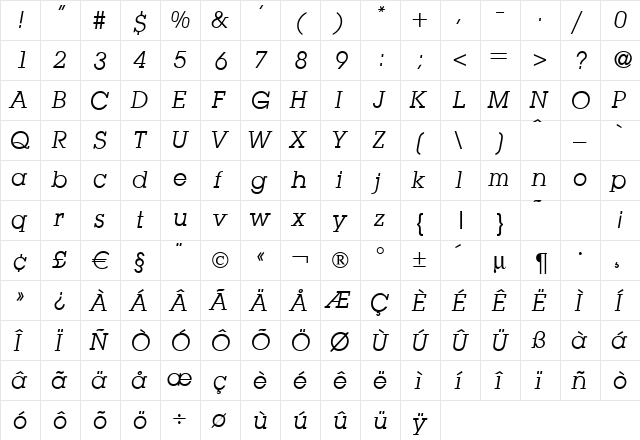 L850-Slab Italic  glyph index