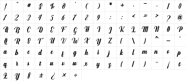 Mighttel Regular  glyph index