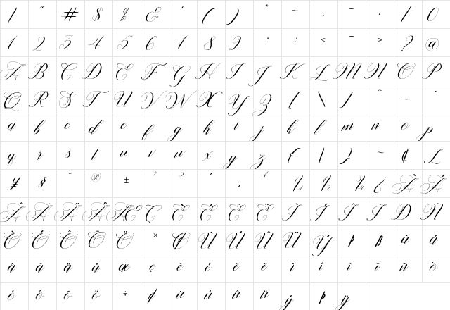 Willgets Regular  glyph index