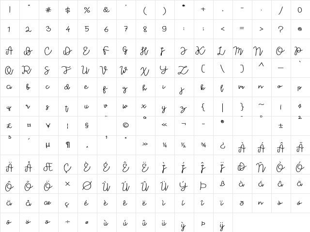 Vilova Regular  glyph index