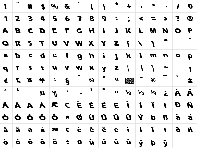 ErgoeExtraboldBS Regular  glyph index