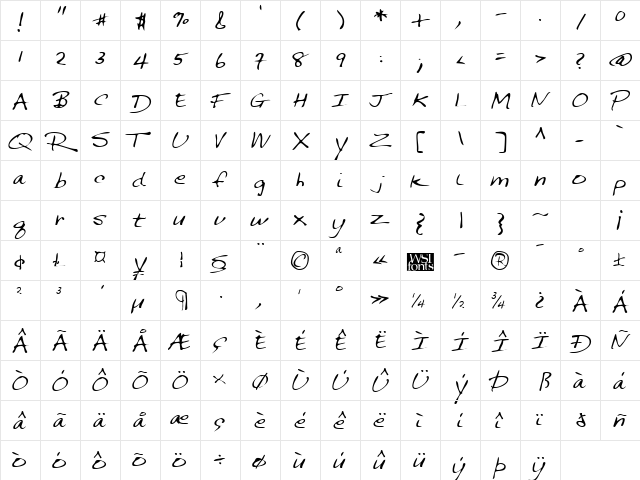 JeremysHand Regular  glyph index