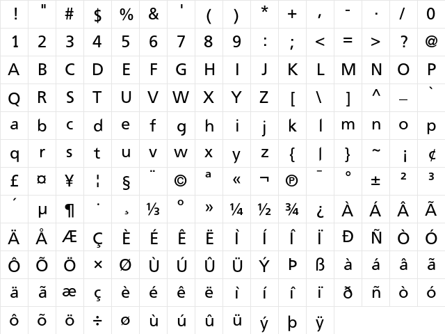 FreewayRoman1 Regular  glyph index