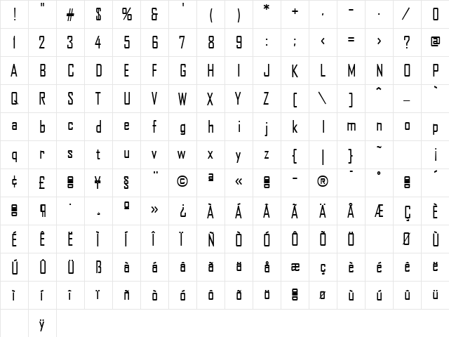 Agency Regular  glyph index