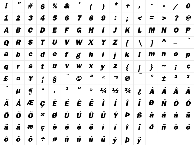 ITC Franklin Gothic Heavy Oblique  glyph index