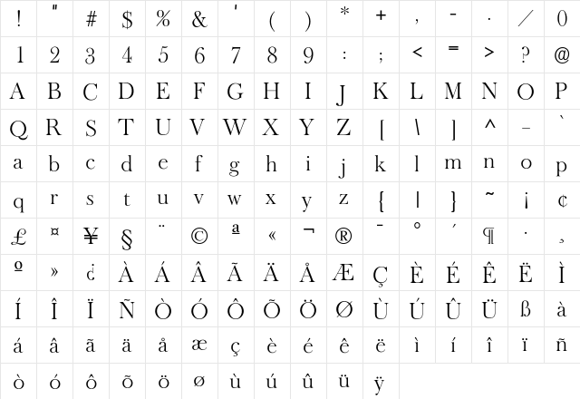 Oldbasker-Light Regular  glyph index