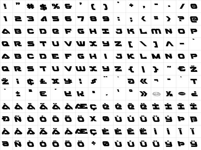 Skyhawk Leftalic Italic  glyph index