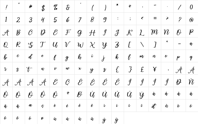 Humaira Regular  glyph index