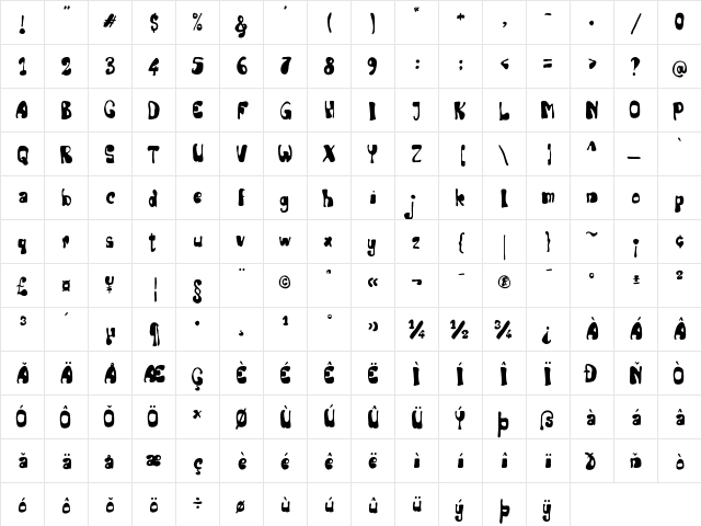 Senior Artist Regular  glyph index