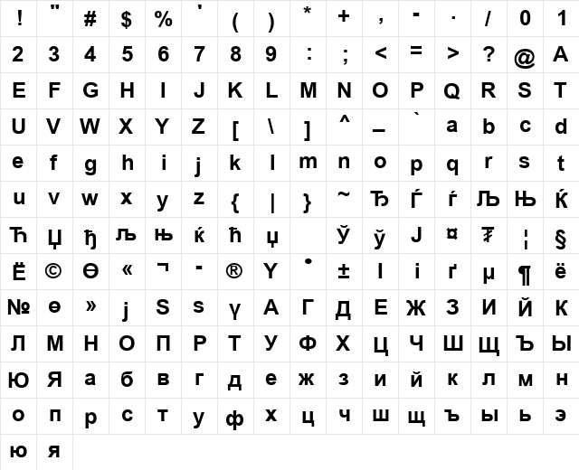 Arial Mon Bold  glyph index