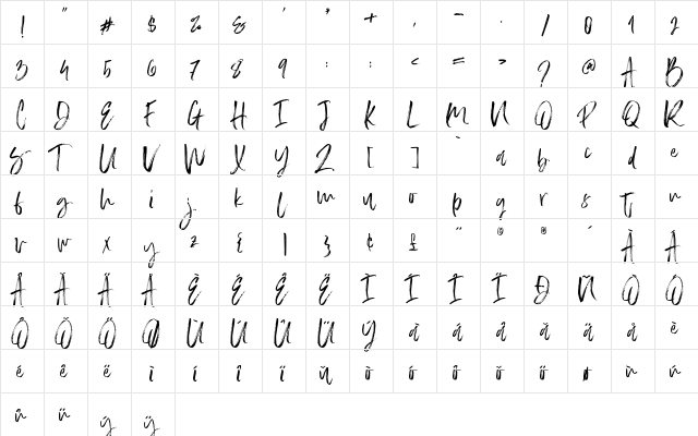 Slabor Brush Regular  glyph index