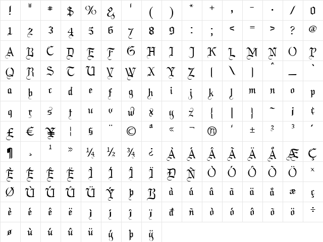 LaBrit Regular  glyph index