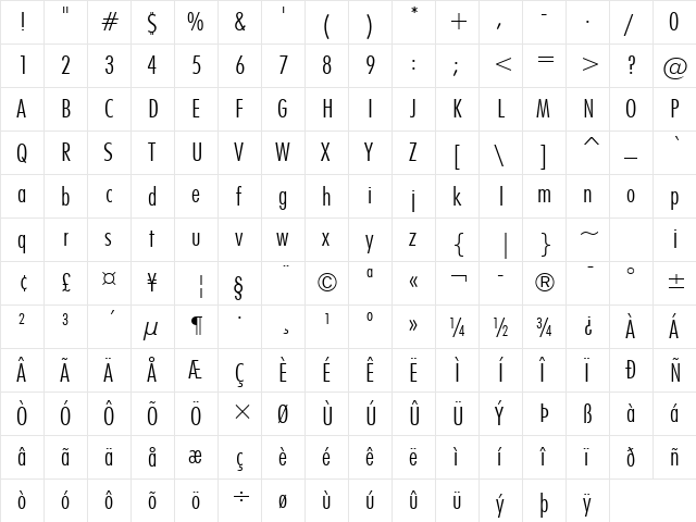 Futura Light  glyph index