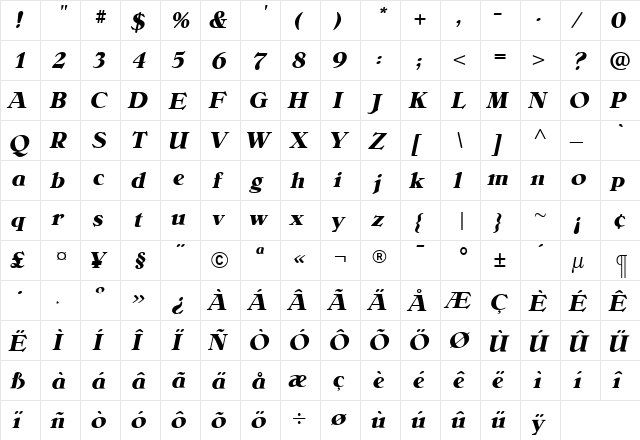 BelliniBoldItalic Regular  glyph index