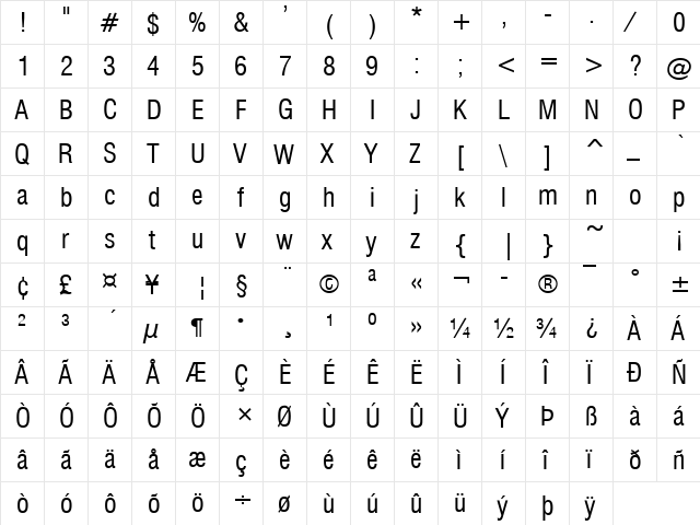 Corporate Condensed Regular  glyph index
