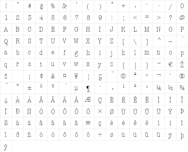 AmericanTypewriter LT LightCn Regular  glyph index