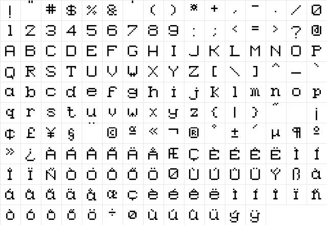 Epson Pixeled Regular  glyph index