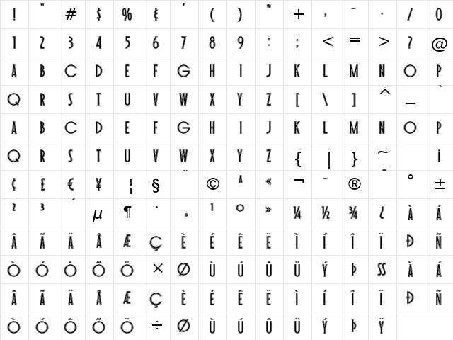 Toasted Vein BTN Inline Regular  glyph index