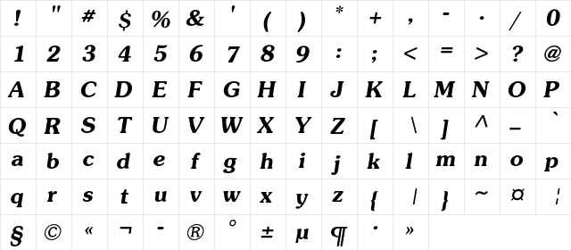 AGPresquireC Bold Italic  glyph index