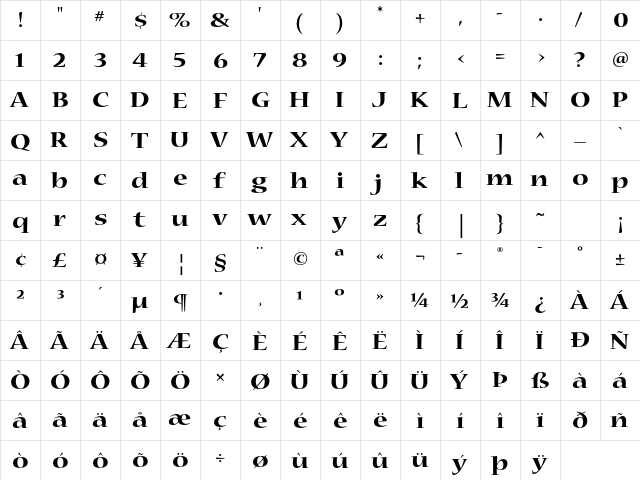 Nueva Std Bold Extended  glyph index