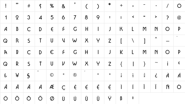 Matinee Regular  glyph index